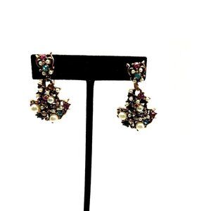 Hollycraft 50s multi color rhinestone  faux pearl earrings screw backs unsigned